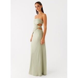 NWT Peppermayo Anette Maxi Dress Sage Green Strapless Gold Detail Cutout Gown 10